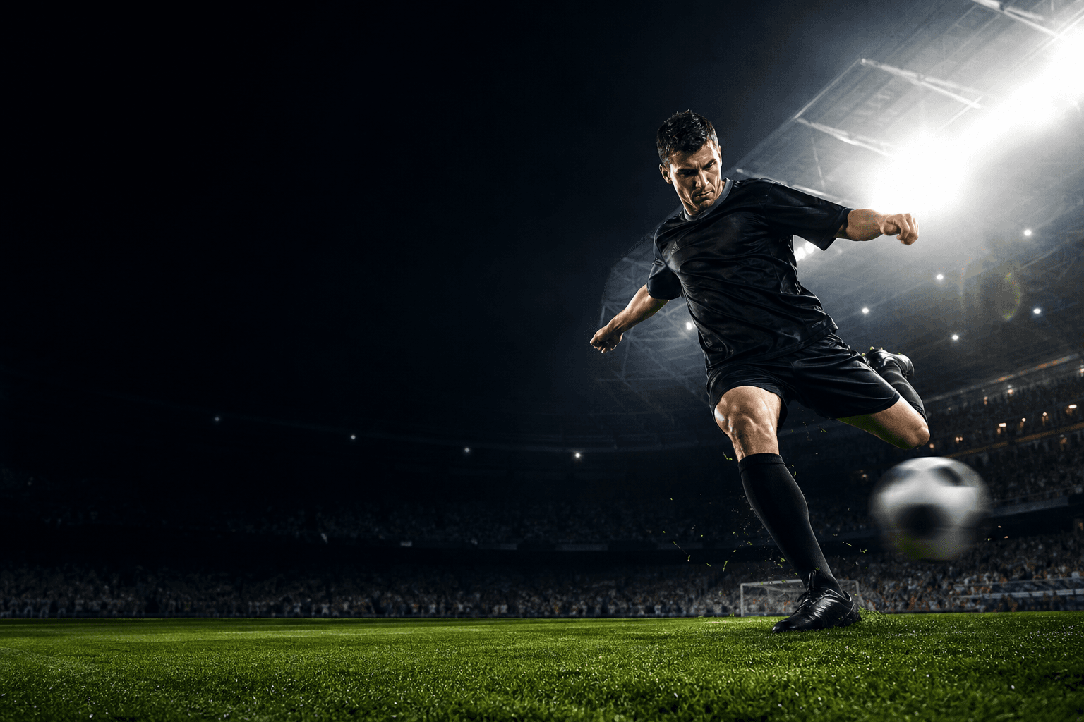 Soccer player striking a ball under stadium floodlights — WinPicks AI sports betting predictions